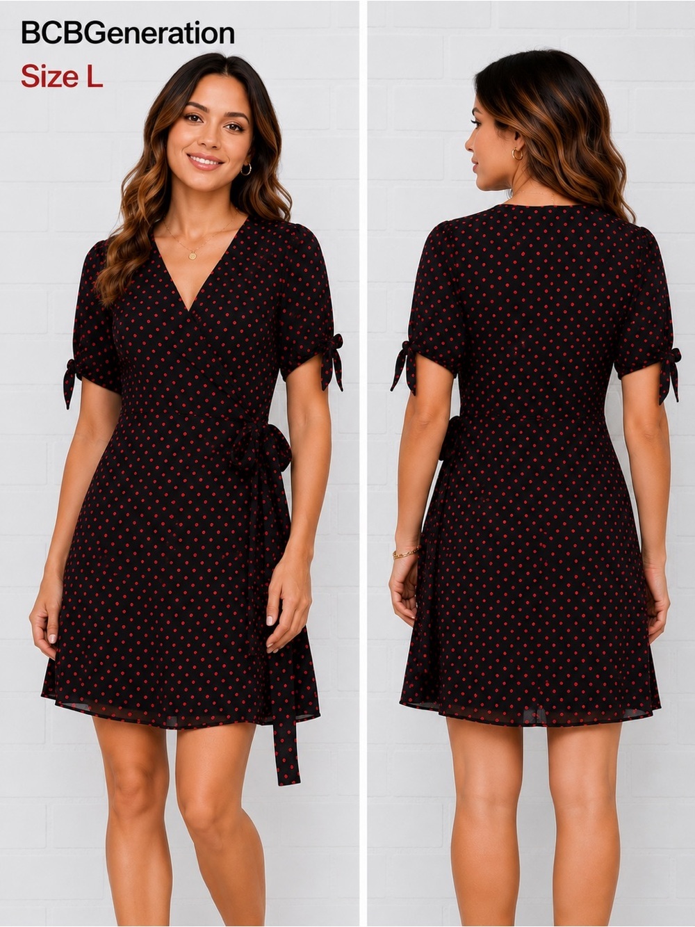 BCBGeneration Black Red Polka Dot Wrap Dress Short Sleeve Mini Dress feminine /L